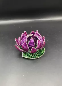 Vintage Beaded Wire Pond Lily Tealight Candle Holder Purple Green Flower - Picture 1 of 5