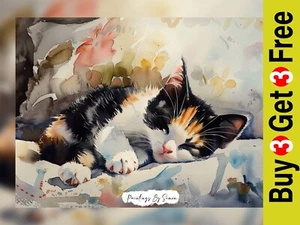Slumbering Calico Cat Watercolor Art Print 5"x7" on Matte Paper - Picture 1 of 6