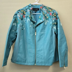 COLLEEN LOPEZ L Blue Faux Leather Moto Jacket Floral Embroidered Zip Sleeves - Picture 1 of 15