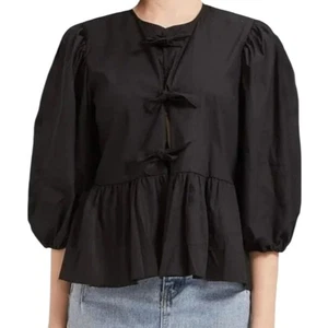 Velvet Heart Black Bow Ties Peplum Puff Sleeve Women's Top Size Medium New - Picture 1 of 7