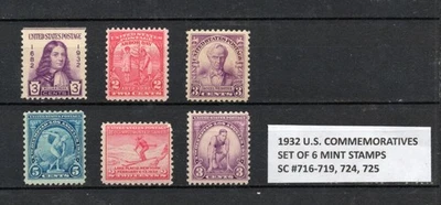 SEIS CONMEMORATIVOS 1932 EE. UU. JUEGO DE SELLOS #716-719, 724, 725 COMO NUEVO HH OG Foto 1 de 2