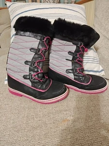 Justice Boots Pink Black Gray Tall Fur Size 8 - Picture 1 of 9