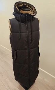 NEW ZARA SIZE LARGE WOMEN'S HOODED PUFFER VEST REVERSIBLE BLACK/KHAKI LONG - Picture 1 of 12