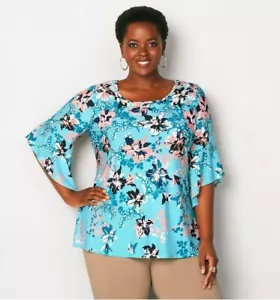 Avenue Cascading Drama Top 31" Women's Plus Size 26/28 Blue Floral Bell Sleeve - Picture 1 of 24