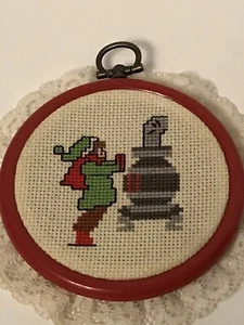 Cross Stitched Holiday Decor Warming by the Stove 5” Finished Item - Picture 1 of 4