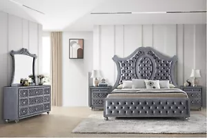 5pc Traditional Upholstered Queen Bed Set Arched Headboard Bedroom Furniture - Picture 1 of 14