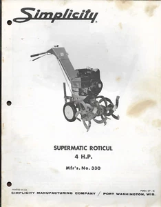 SIMPLICITY SUPERMATIC ROTICUL ROTARY TILLER No. 330 4 HP Operator's Manual - Picture 1 of 2
