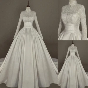 Muslim Long Sleeve Wedding Dresses High Neck Satin Lace Appliques Bridal Gowns - Picture 1 of 14