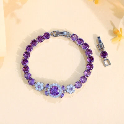 Brazalete plateado púrpura redondo tenis circonita cúbica flor para mujer fiesta Foto 1 de 4