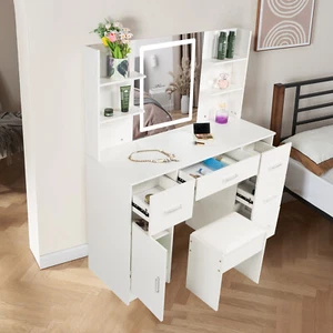 Vanity Table LED Light Mirror 5 Drawers Makeup Dressing Desk Bedroom White US - Picture 1 of 9