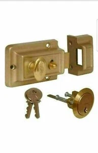DOOR LOCK BRASS RIM NIGHT FRONT LATCH WITH 3 KEY 60MM BACKSET CYLINDER BRAND NEW - Picture 1 of 6