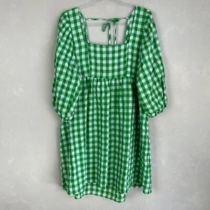 Umgee size L square neck 3/4 sleeve short dress green gingham slub cotton NEW - Picture 1 of 11