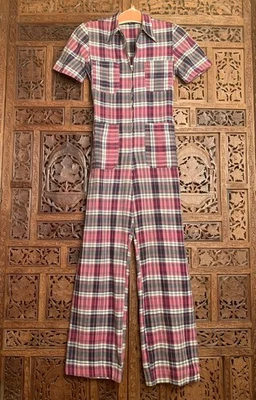 Mono Vintage Años 70 Rosa A Cuadros Madrás Indio Algodón Pierna Ancha Hippie Boho S Foto 1 de 4