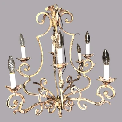 Lámpara de araña francesa años 50 vintage latón 5 brazos 3 niveles corte cristal iluminación Foto 1 de 4