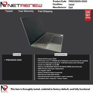 DELL PRECISION-5550 LAPTOP i7-10850H 15.6" 32GB DDR4 2.70 Ghz 6 Core - Picture 1 of 2
