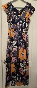 H&M Women's Navy Lined Dress Multicolored Floral Print Ruffled Sleeves Large - Picture 1 of 6