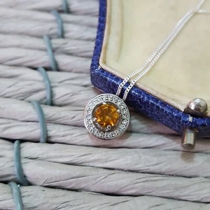 925 Sterling Silver Necklace, Natural Citrine Pendant, Floating Pendant, 16" - Picture 1 of 6