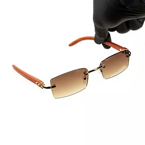 Men's Rimless Gold Frame Brown Gradient Tint Hip Hop Woodgrain Sunglasses - Picture 1 of 8