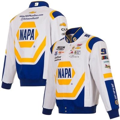  Chaqueta a presión completa Chase Elliott JH Design blanca real de sarga de algodón NAPA Foto 1 de 4