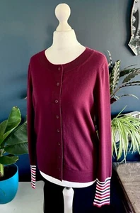 Boden Burgundy Cardigan Striped Cuffs & Back UK10 Small Cotton Wool Blend - Picture 1 of 16