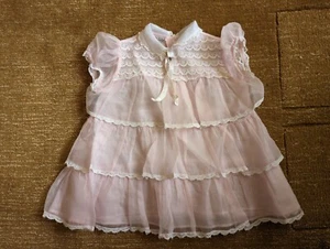 Vintage 1970s Girls Baby Pink Sheer Frilly Tiered Dress 1yo? - Picture 1 of 6