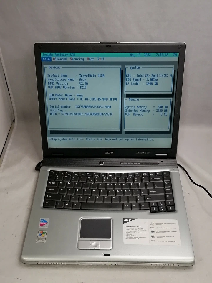 FOR PARTS 15" Acer TravelMate 4150 (Pentium M 725/2GB RAM/NO HDD) - Image 1 of 4