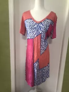 David Cline Women's Size L Crushed Dress Summer Geometric Pink Orange Blue Soft - Picture 1 of 4