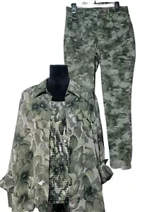JUEGO DE 3 PIEZAS 18W-20W/10 SIN MANGAS, BLUSA TRANSPARENTE JEANS AJUSTADOS VERDE CAQUI MEZCLA CONJUNTO COMBINADO - Imagen 1 de 16