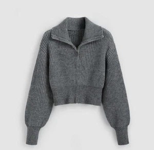 Apfelwein graue feste Strick Polo Reißverschluss Strickjacke Bischof Ärmel M - Bild 1 von 13