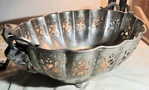 VINTAGE SILVERPLATED BRASS RAM'S HEAD HANDLED RETICULATED LARGE FRUIT BOWL 16" W - Picture 1 of 15
