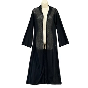 Moroccan Touch Kaftan Black Long Open Front Perforated Hooded Long Sleeve Size M - Picture 1 of 9