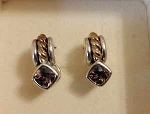 David Wysor 18KYG Gold Rope Sterling Silver Pink Tourmaline Earrings Huggie Hoop - Picture 1 of 7