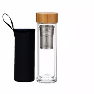 Glass Bottle Tea Infuser Double Wall Tumbler Stainless Steel Strainer Bamboo Lid - Picture 1 of 19