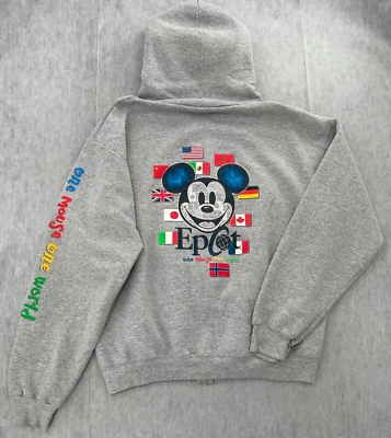 VINTAGE Disney Epcot Sweater Adult Large Gray Hoodie Full Zip Mickey Mouse Flags - Image 1 of 4