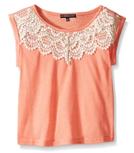 My Michelle Girl Tee W/ Rolled Short Sleeves and Contrast Crochet Front Peach XL - Picture 1 of 1