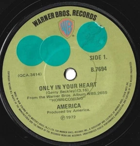 AMERICA 7" 45 Only In Your Heart RARE 1973 NEW ZEALAND Import WARNER Beatles - Picture 1 of 1