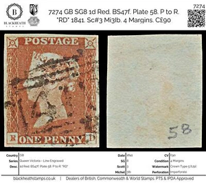 7274 GB SG8 1d Red. BS47f. Plate 58. P to R. "RD" 1841. Sc#3 Mi3Ib. 4 Margins. C - Picture 1 of 4