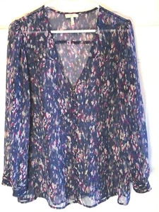 Joie 100% Silk Sz M Sheer Blouse Button Long Sleeve Blue/Purple/Gray Abstract - Picture 1 of 11