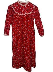 LANZ OF SALZBURG  VTG Girls SzM Flannel Nightgown Red lace snowman and stars - Picture 1 of 8
