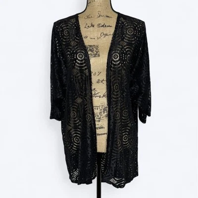 Black Lace Kimono Cardigan LuLaRoe Sz M Open Front Sheer Cover Up Boho Festival - Image 1 of 4