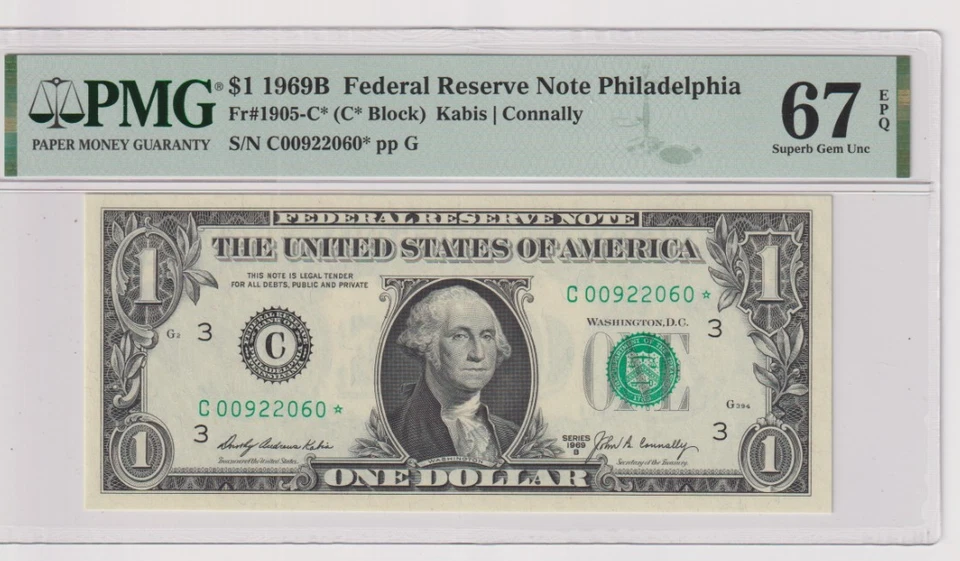 Fr 1905-C* 1969B $1 FRN C00922060* PMG 67EPQ GEM CU STAR PHILADELPHIA 1969-B - Image 1 of 2