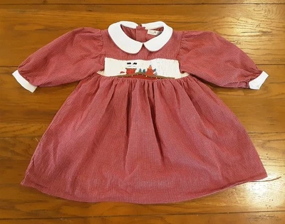 Petit Ami Red Gingham Christmas Santa Ornaments Smocked Dress Size 18 Months - Image 1 of 4