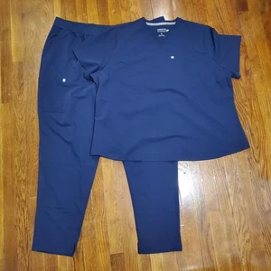 Fabletics Scrub Set Mens 4XL Navy Blue V-Neck Stretch Medical Uniform Pants Top - Picture 1 of 15