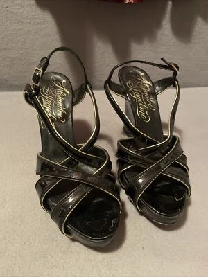 Alejandro Ingelmo Black Leather Slingback Crisscross Wedge Sandals Size US 7.5 - Image 1 of 4