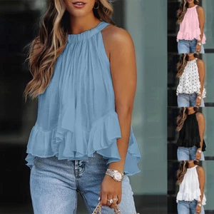 Women Halter Neck Pleated Vest Tank Top Holiday Casual Camisole Blouse Tee Shirt - Picture 1 of 21