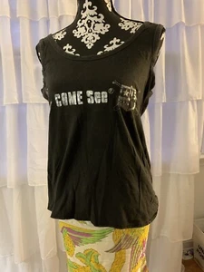 Vintage 80s Black Silver Foil Message Tank Top Baseball Crown Hearts Stars Soft - Picture 1 of 7