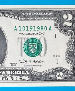 October 19, 1980 : A 10191980 A BIRTHDAY Note $2 Two Dollar Bill *UNC* - Picture 1 of 3