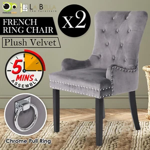2X Dining Chair French Provincial Ring Studded Velvet Rubberwood LISSE - GREY - Picture 1 of 12