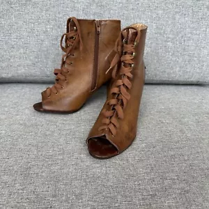 Botín con cordones marrón para mujer punta abierta imitación cuero 9 cremallera lateral - Imagen 1 de 9