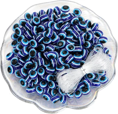 200件装椭圆形皇家蓝色邪恶之眼树脂灯珠10毫米吊饰间隔珠wit — 第 1/4 张图片